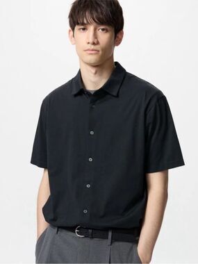UNIQLO ARISM  BLACK COTTON PIQUE FULL OPEN POLO SHIRT MENS SZ LARGE